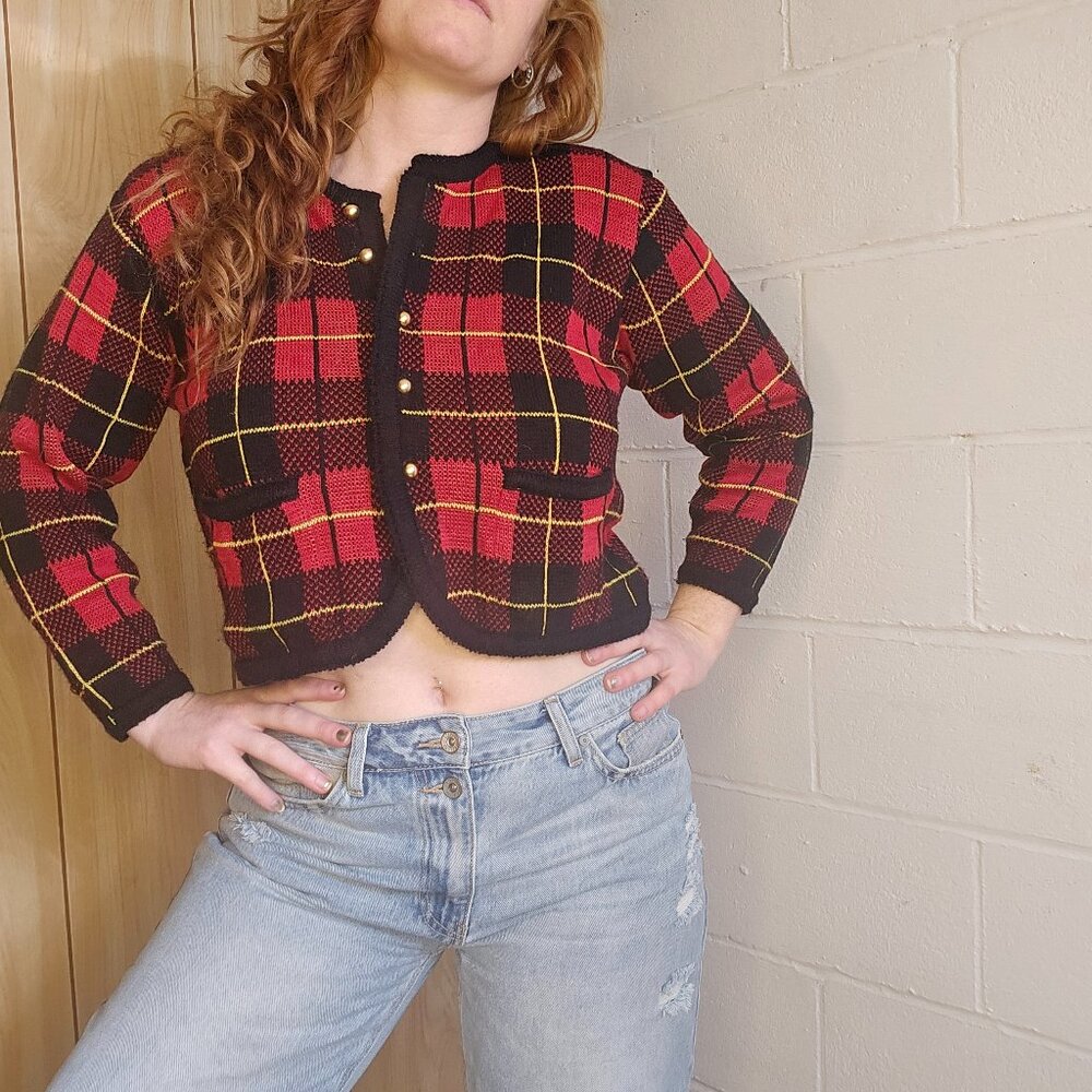 Vintage Office Siren Mobwife Academia Preppy Goth Red Plaid Button Down Cardigan